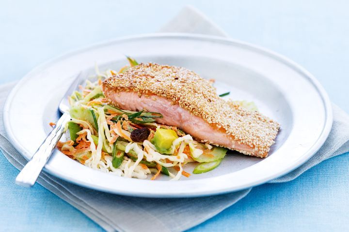 Cooking Fish Sesame-crusted salmon with coleslaw