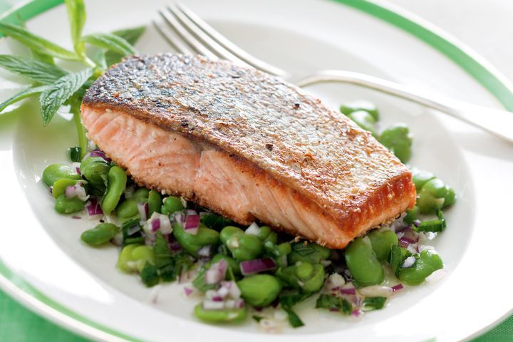 Cooking Fish Sesame-crusted salmon with mint beans