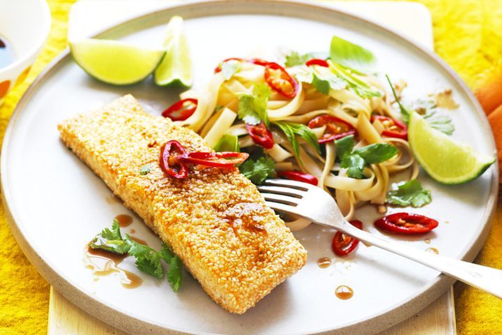 Cooking Fish Sesame salmon with ginger rice noodles