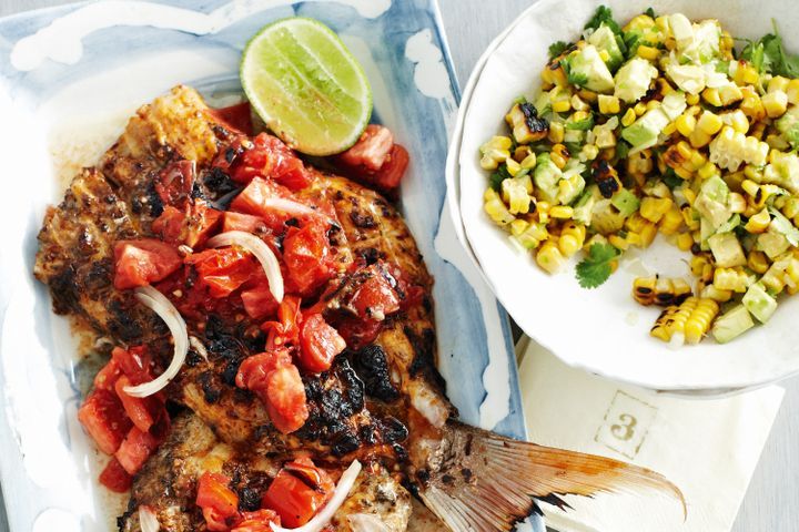 Cooking Fish Shaken fish with tomato salsa & corn salad