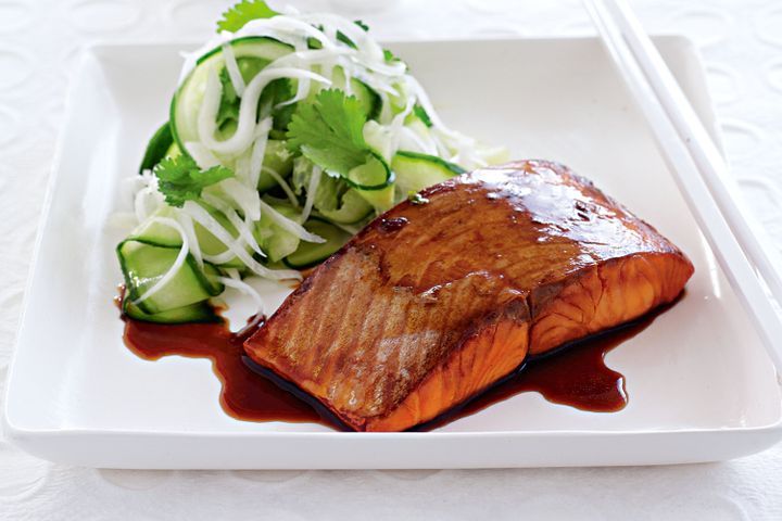 Cooking Fish Shoyu ocean trout with daikon, coriander and cucumber salad