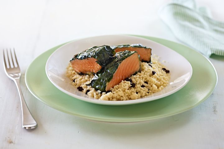 Cooking Fish Silverbeet-wrapped salmon with couscous