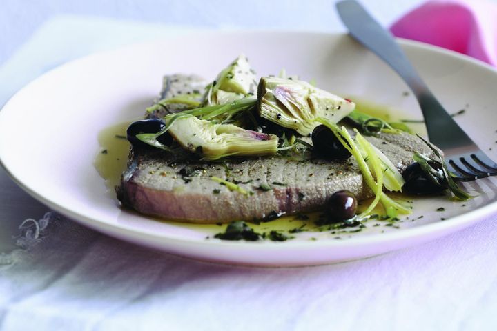 Cooking Fish Slow-poached tuna with lemon and artichokes