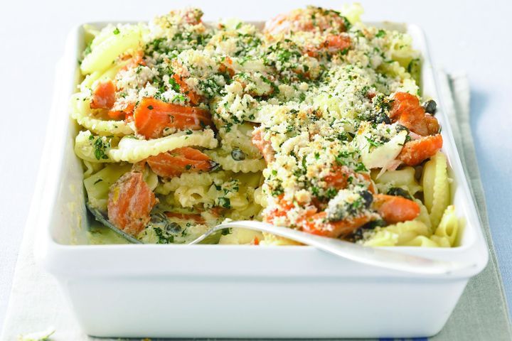 Cooking Fish Smoked-trout pasta bake with parsley crumbs