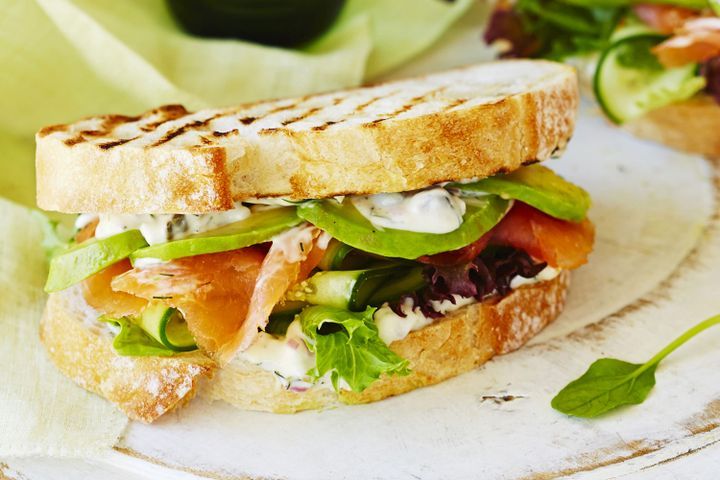 Cooking Fish Smoked salmon and avocado sandwich with dill caper mayo