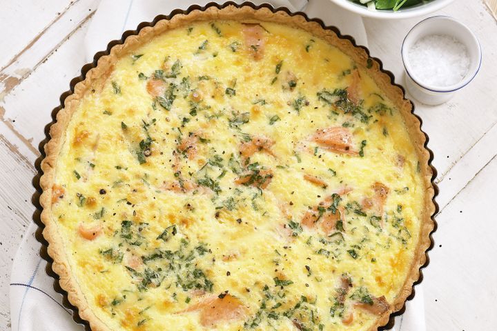 Cooking Fish Smoked salmon and basil tart with lemon and parsley salad