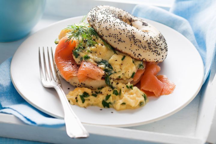 Cooking Fish Smoked salmon bagels with herbed scrambled eggs
