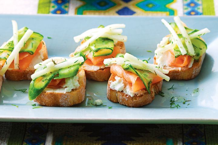 Cooking Fish Smoked salmon crostini with cucumber and pear pickle