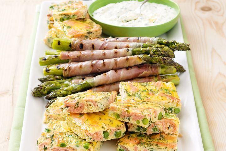 Cooking Fish Smoked salmon frittata and prosciutto-asparagus platter