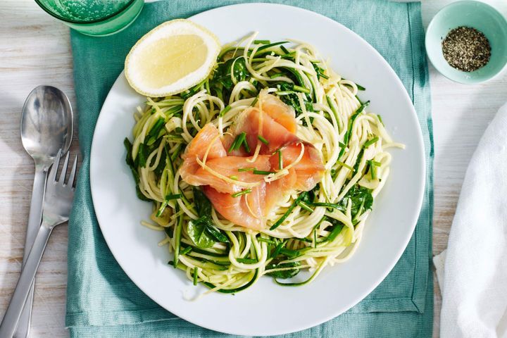 Cooking Fish Smoked salmon pasta with zucchini, lemon and chives