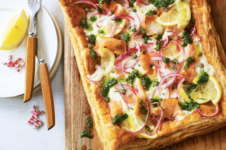 Cooking Fish Smoked salmon tart with dill and parsley pesto