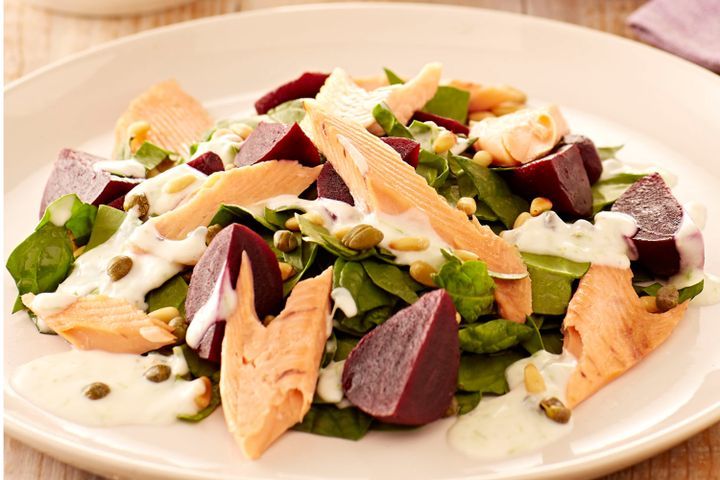 Cooking Fish Smoked trout with spinach and beetroot salad