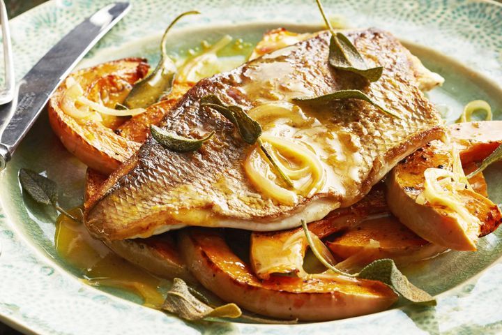 Cooking Fish Snapper with butternut pumpkin and orange brown butter sauce