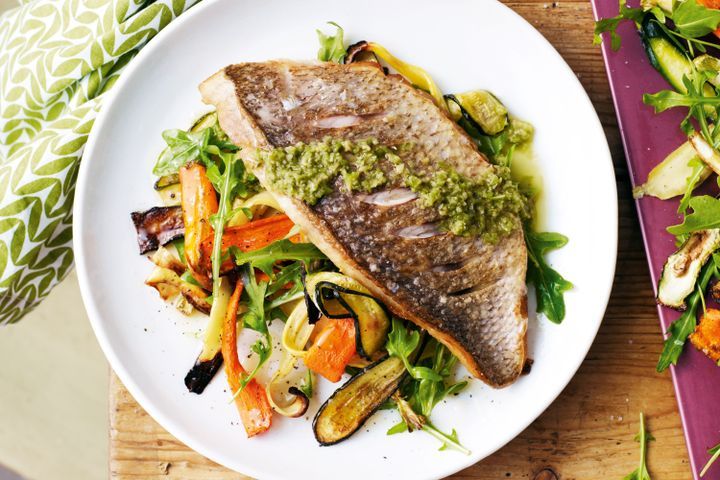 Cooking Fish Snapper with olive dressing & roasted zucchini salad