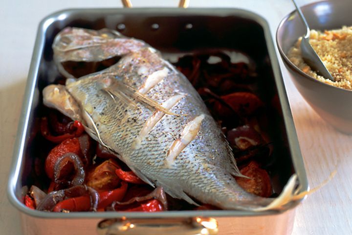 Cooking Fish Snapper with spiced vegetables & almond couscous