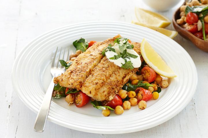 Cooking Fish Spice-crusted fish with lemon and spinach chickpeas