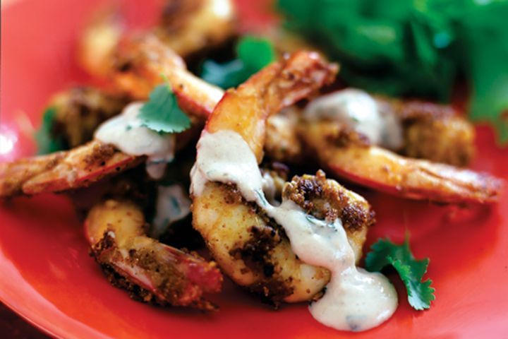Cooking Fish Spiced prawns with lemon tahini
