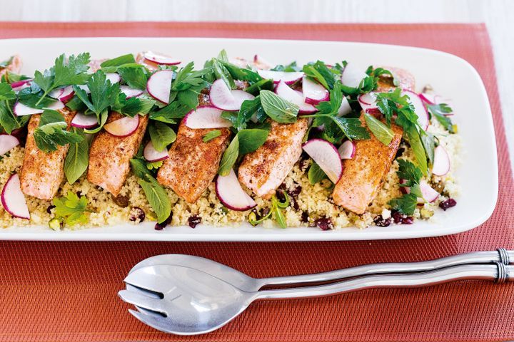 Cooking Fish Spiced salmon with pistachio couscous