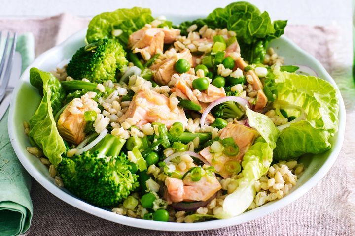 Cooking Fish Spring pearl barley salad with ginger-poached salmon