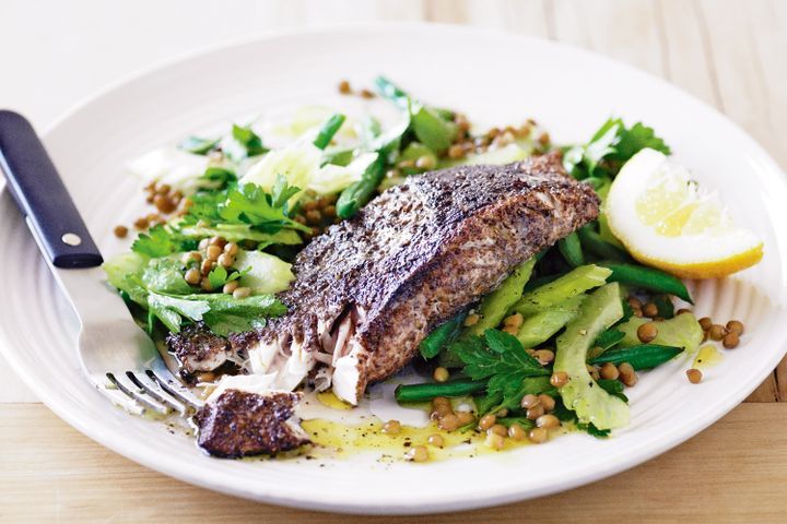 Cooking Fish Sumac-coated fish with green bean, lentil & parsley salad