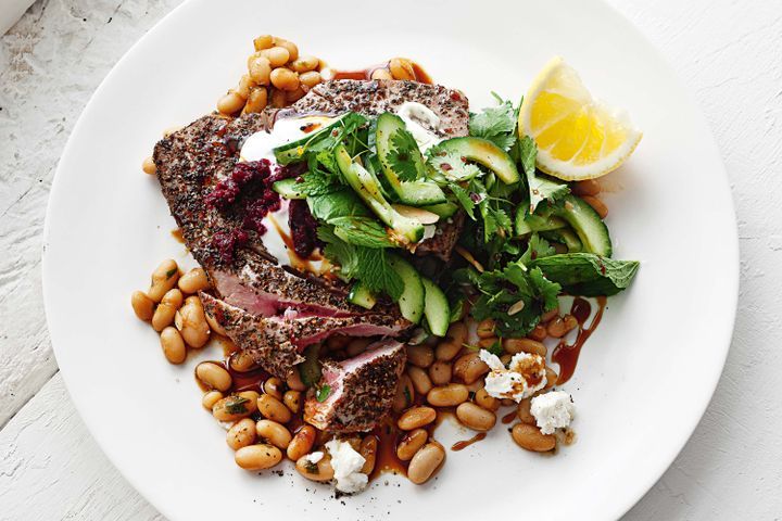 Cooking Fish Sumac-crusted tuna with mint and cucumber salad