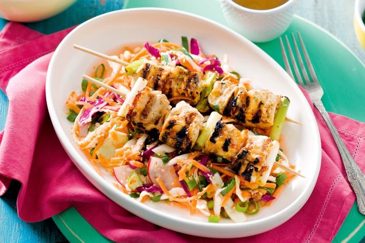 Cooking Fish Sweet chilli fish skewers with pickled cabbage salad