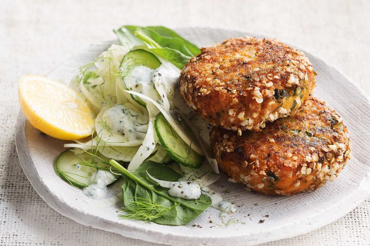 Cooking Fish Sweet potato and salmon cakes with fennel salad