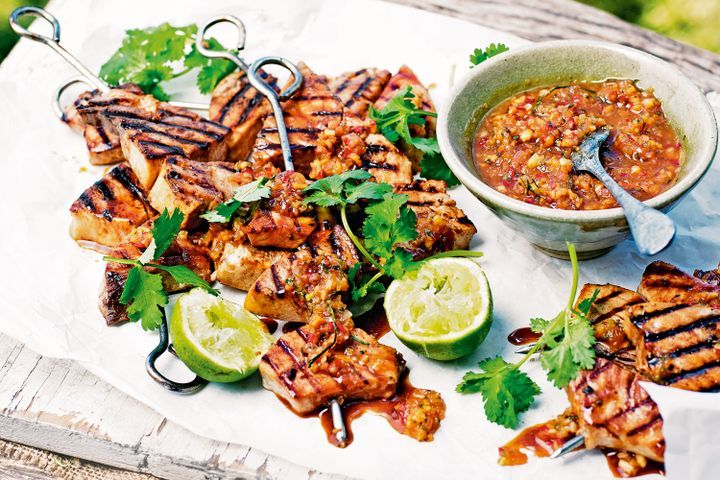 Cooking Fish Swordfish skewers with chilli peanut dressing