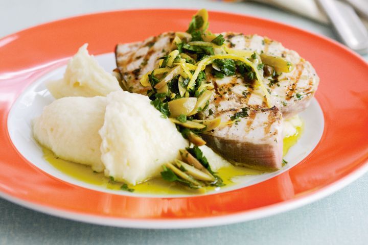 Cooking Fish Swordfish with Italian parsley salad and garlic mash