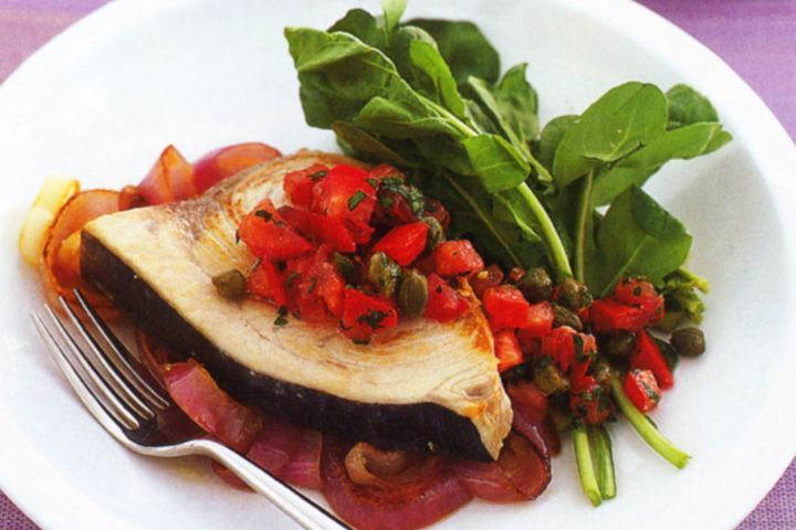 Cooking Fish Swordfish with tomato & caper salsa