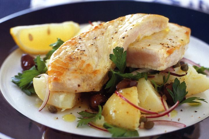 Cooking Fish Swordfish with warm potato salad
