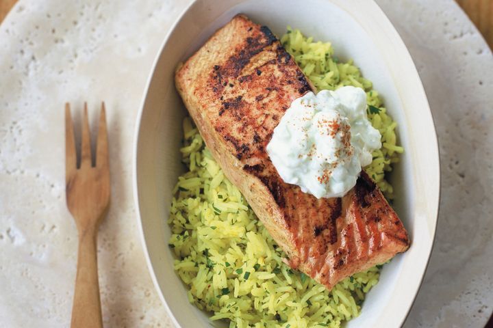 Cooking Fish Tandoori salmon with cucumber & coconut sambal