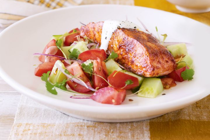 Cooking Fish Tandoori salmon with cucumber salad & yoghurt