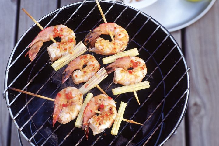 Cooking Fish Thai prawn skewers with noodle salad