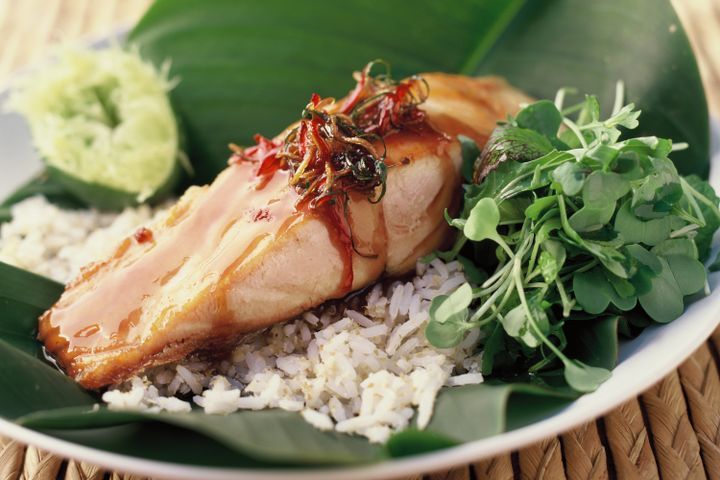 Cooking Fish Trout with Thai-style caramel sauce and coconut rice