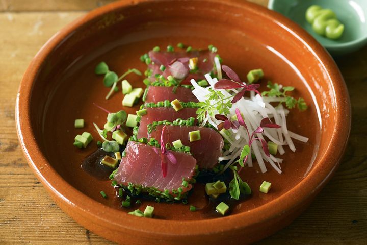 Cooking Fish Tuna, avocado and daikon salad with wasabi dressing