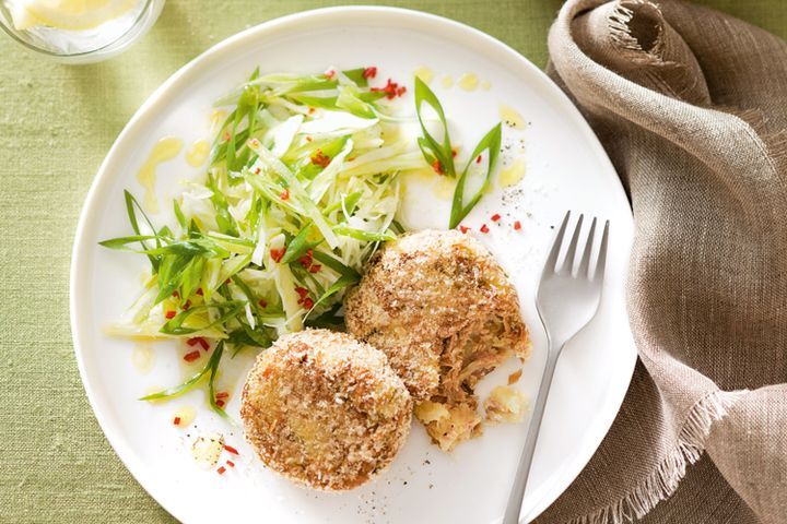 Cooking Fish Tuna and potato patties with spicy apple slaw