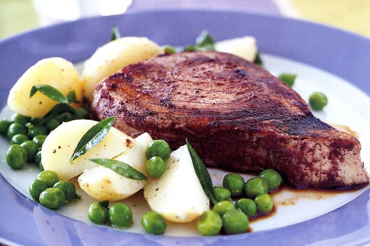 Cooking Fish Tuna with olive paste and potato salad