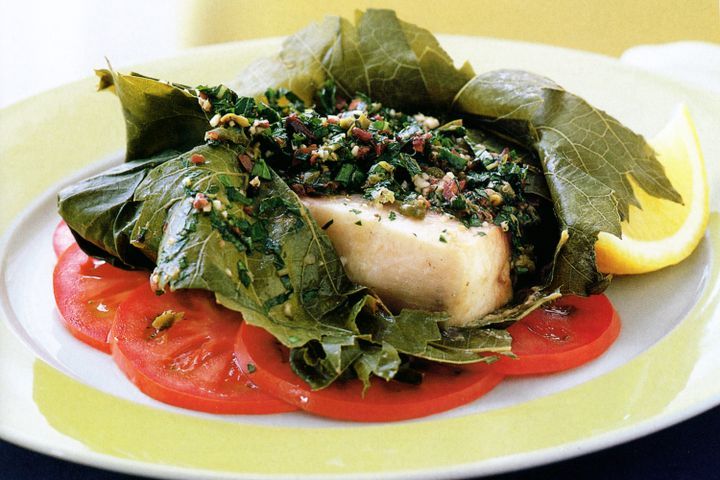 Cooking Fish Vine leaf-wrapped swordfish with capers & herbs