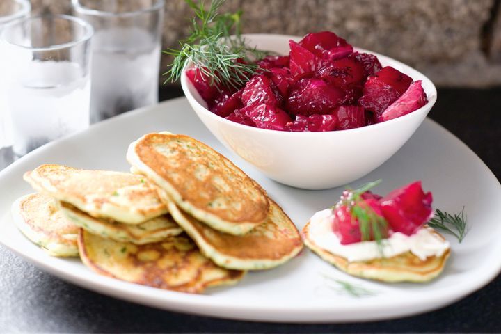 Cooking Fish Vodka-cured salmon with watercress pancakes