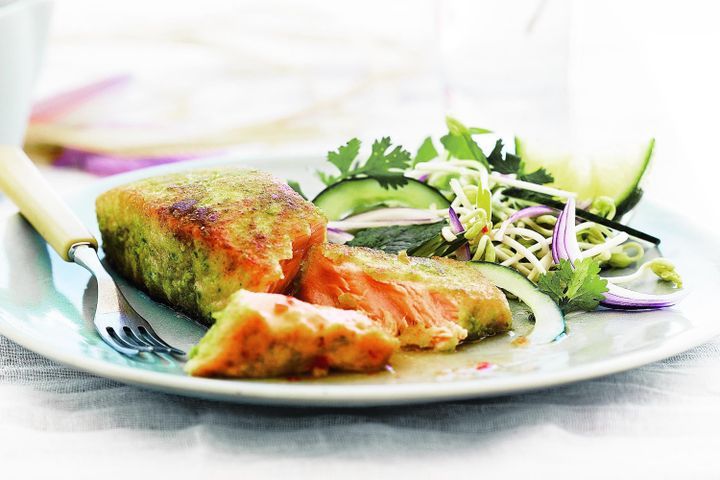 Cooking Fish Wasabi-coated salmon with cucumber salad