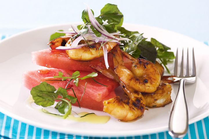 Cooking Fish Watermelon & watercress salad with honey-soy prawns