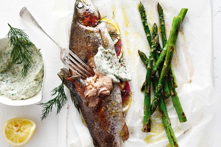 Cooking Fish Whole baked trout with chargrilled asparagus and herbed mayonnaise