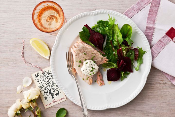 Cooking Fish Whole poached salmon with pickled baby beets