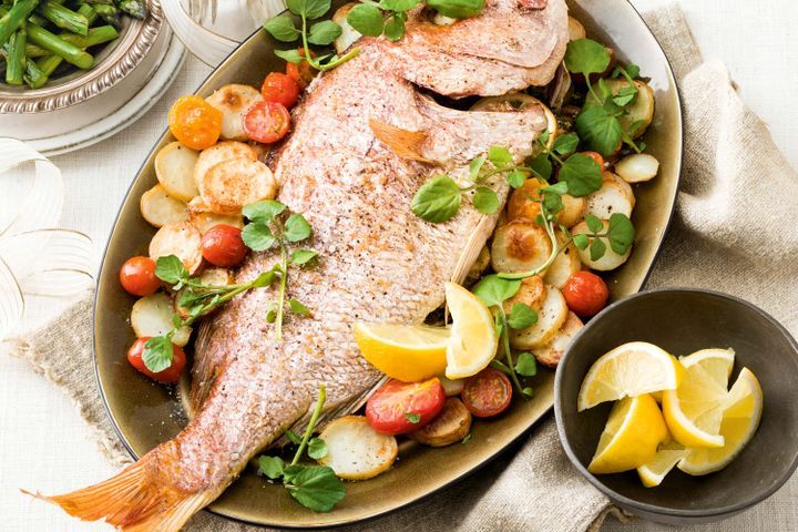 Cooking Fish Whole snapper with herb pesto and crispy potatoes