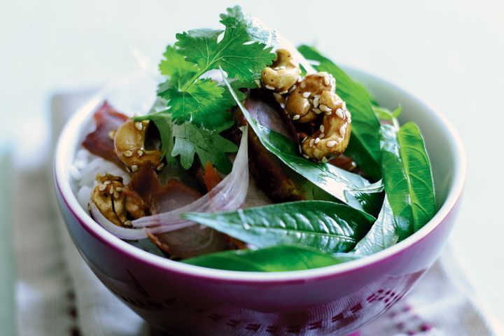 Cooking Meat Barbecue pork with caramelised cashews and water spinach