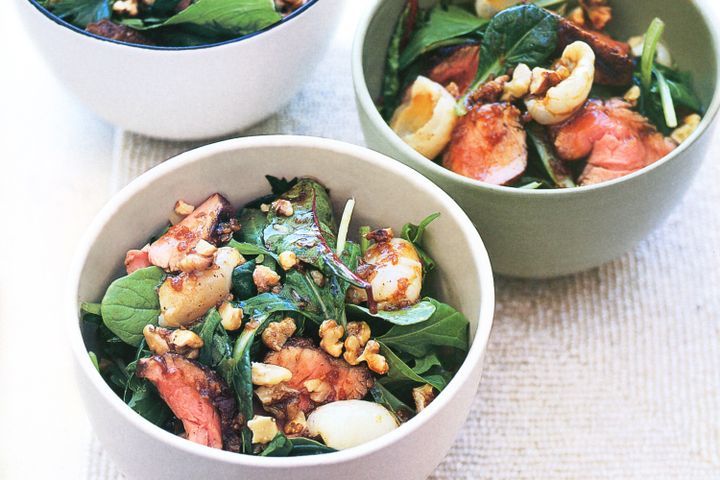 Cooking Meat Barbecued five-spice pork with lychee and Asian baby greens salad