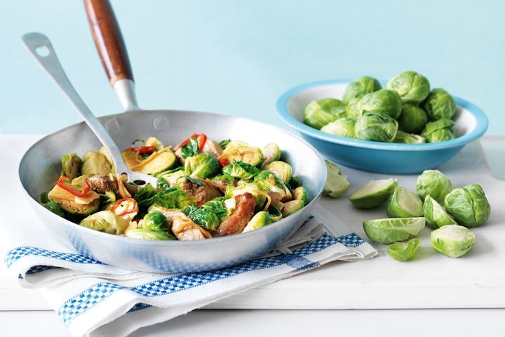 Cooking Meat Brussels sprout and pork stir-fry