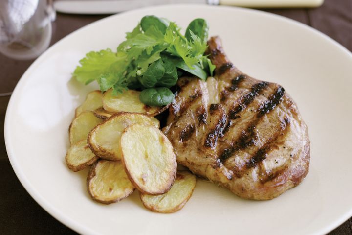 Cooking Meat Caramelised pork cutlets with golden potatoes