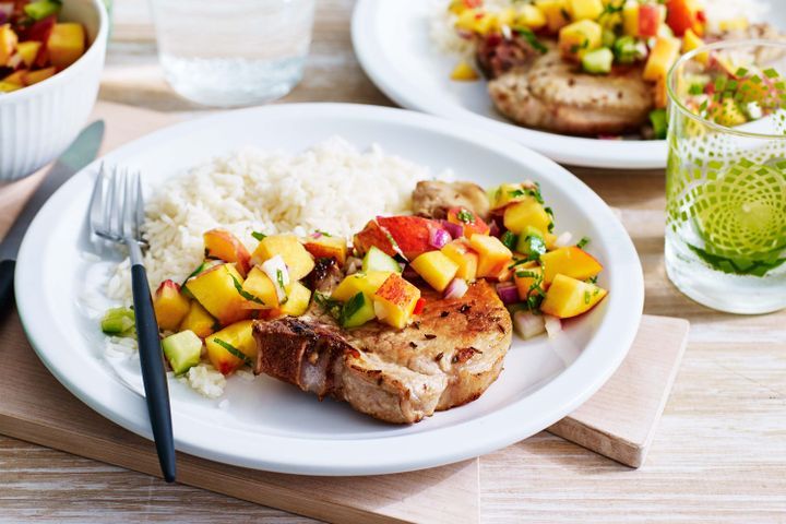 Cooking Meat Caraway pork chops with peach salsa